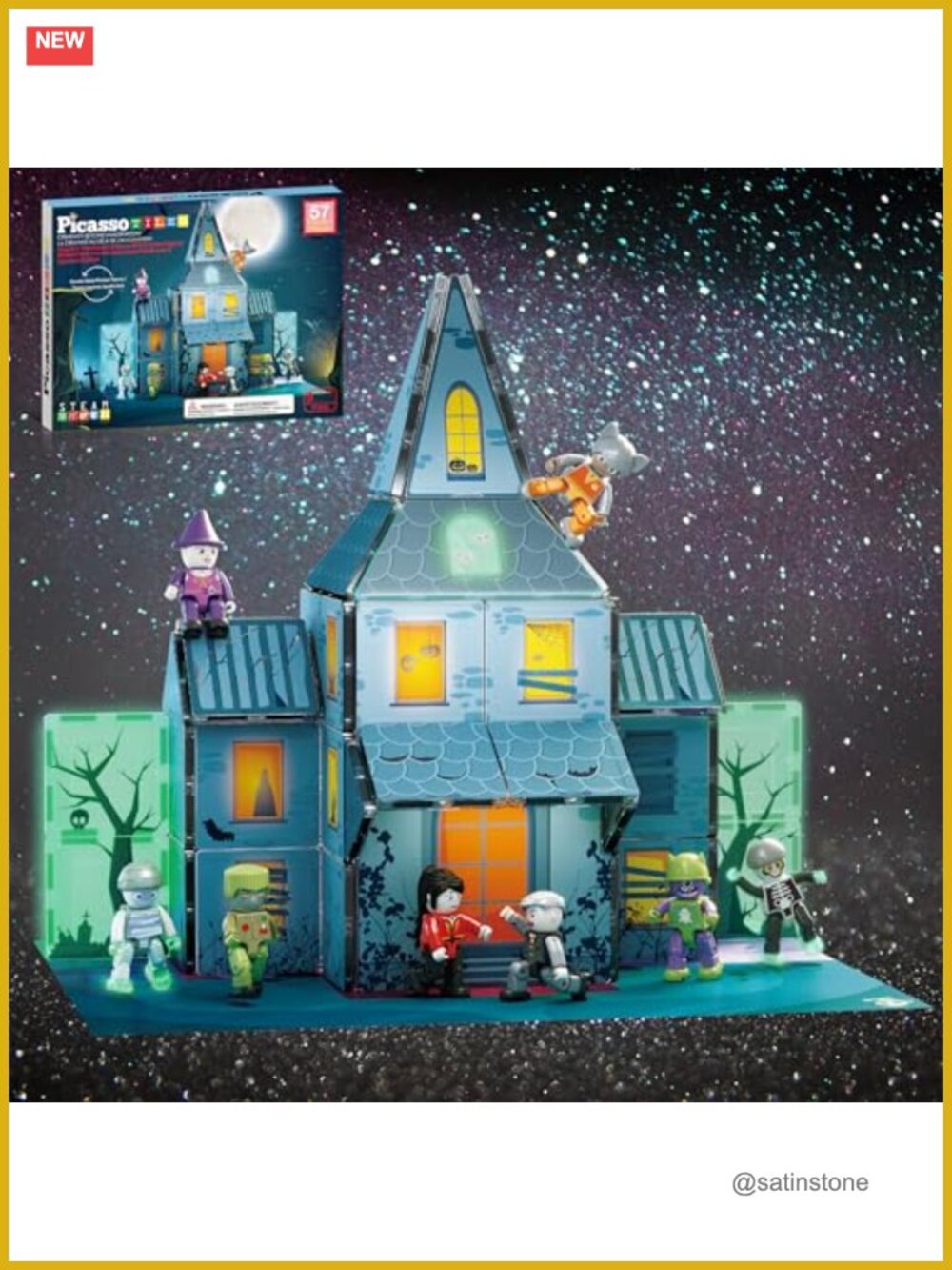 PicassoTiles 57 PCS Magnetic Tiles Halloween Haunted House STEM Set Ages 3+